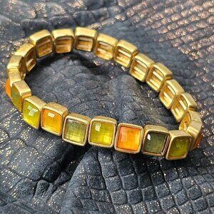 Vintage Gold Tone Stretch Bracelet With Multi-Color Gemstone Inlays
